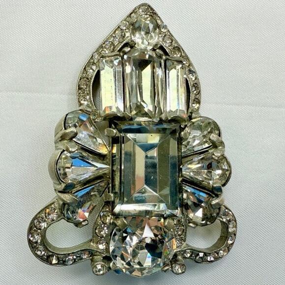 1940s Eisenberg Original Pot Metal Rhinestone Large Art Deco Dress Fur Clip - Picture 1 of 10